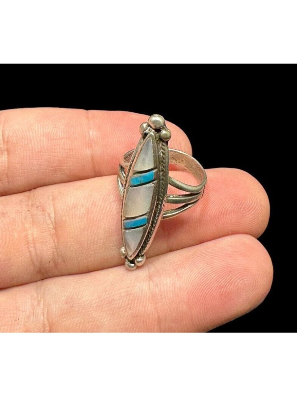 Vintage Navajo Sterling Silver Turquoise and Mother of Pearl Ring Multi Gemstone - Picture 6 of 7